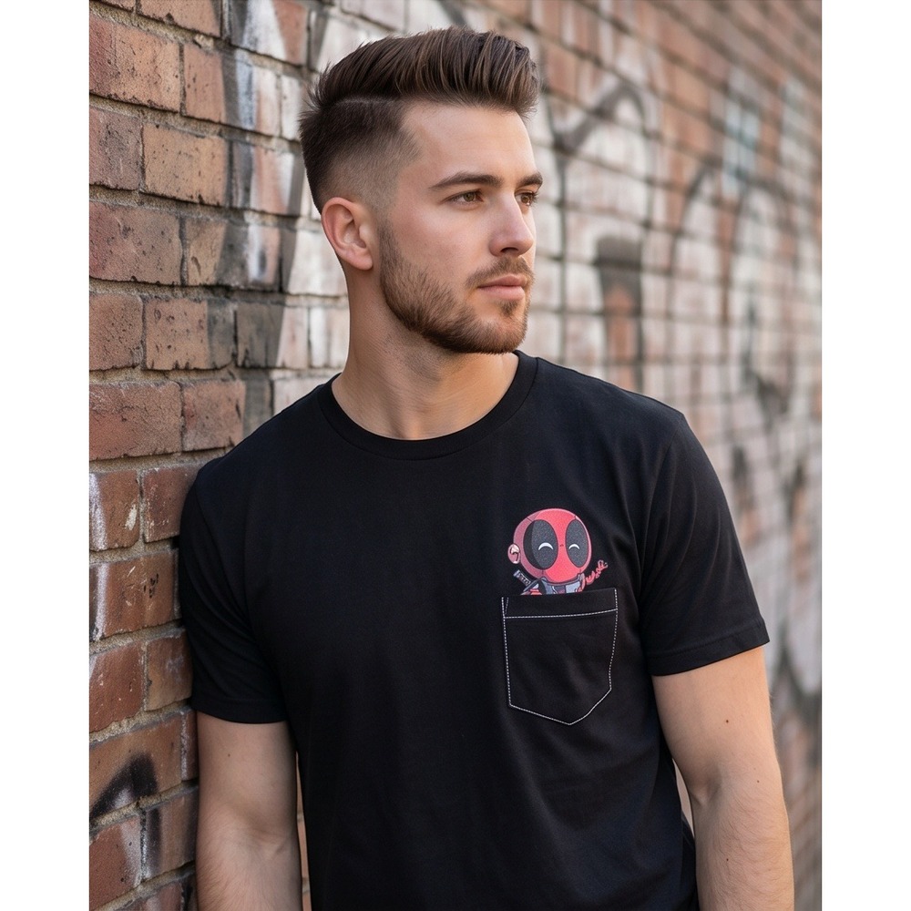 Marvel Deadpool L Pocket T-Shirt Mens Large Black Cotton Chibi Graphic Tee